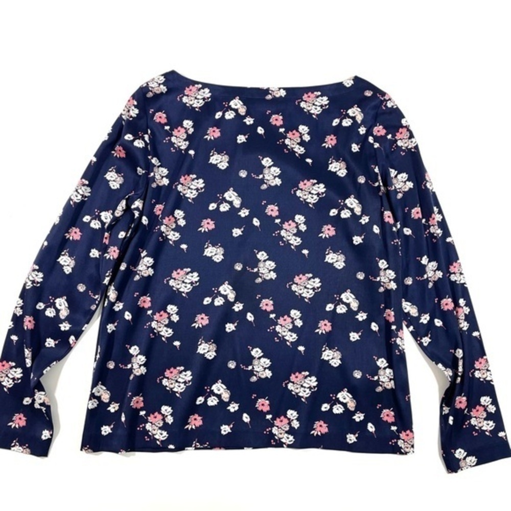 LL Bean Signature Floral Silk Blouse Blue Size 10 Boatneck